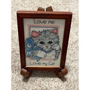 Cat Kitten Cross Stitch Needlepoint Completed in Frame Vintage Candamar Designs